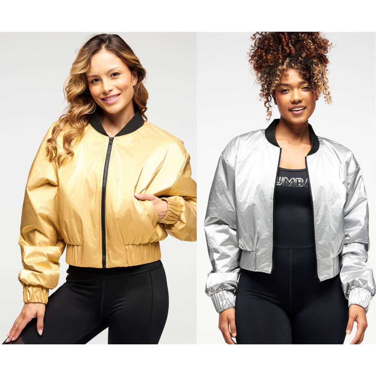 Zumba Runway Crop Zip Up Puff Bomber Jacket - Gold