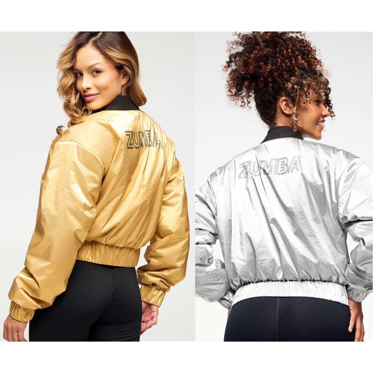 Zumba Runway Crop Zip Up Puff Bomber Jacket - Gold