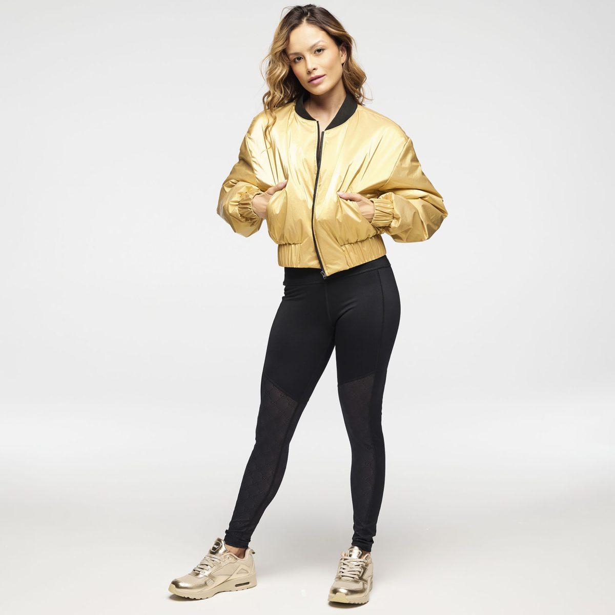 Zumba Runway Crop Zip Up Puff Bomber Jacket - Gold