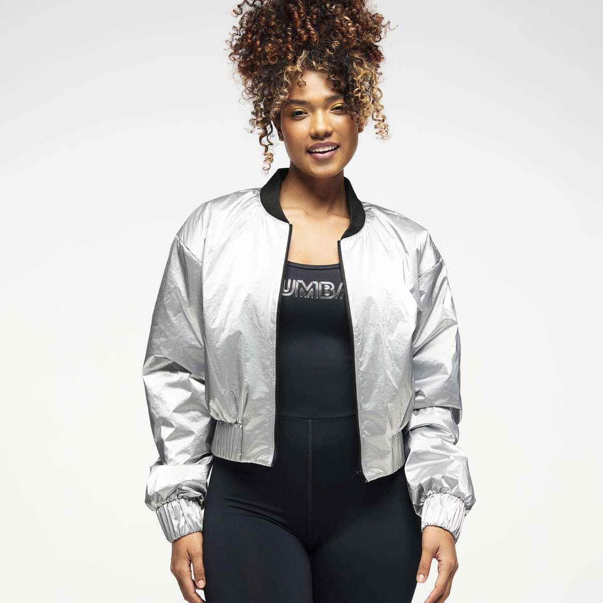 Zumba Runway Crop Zip Up Puff Bomber Jacket - Gold