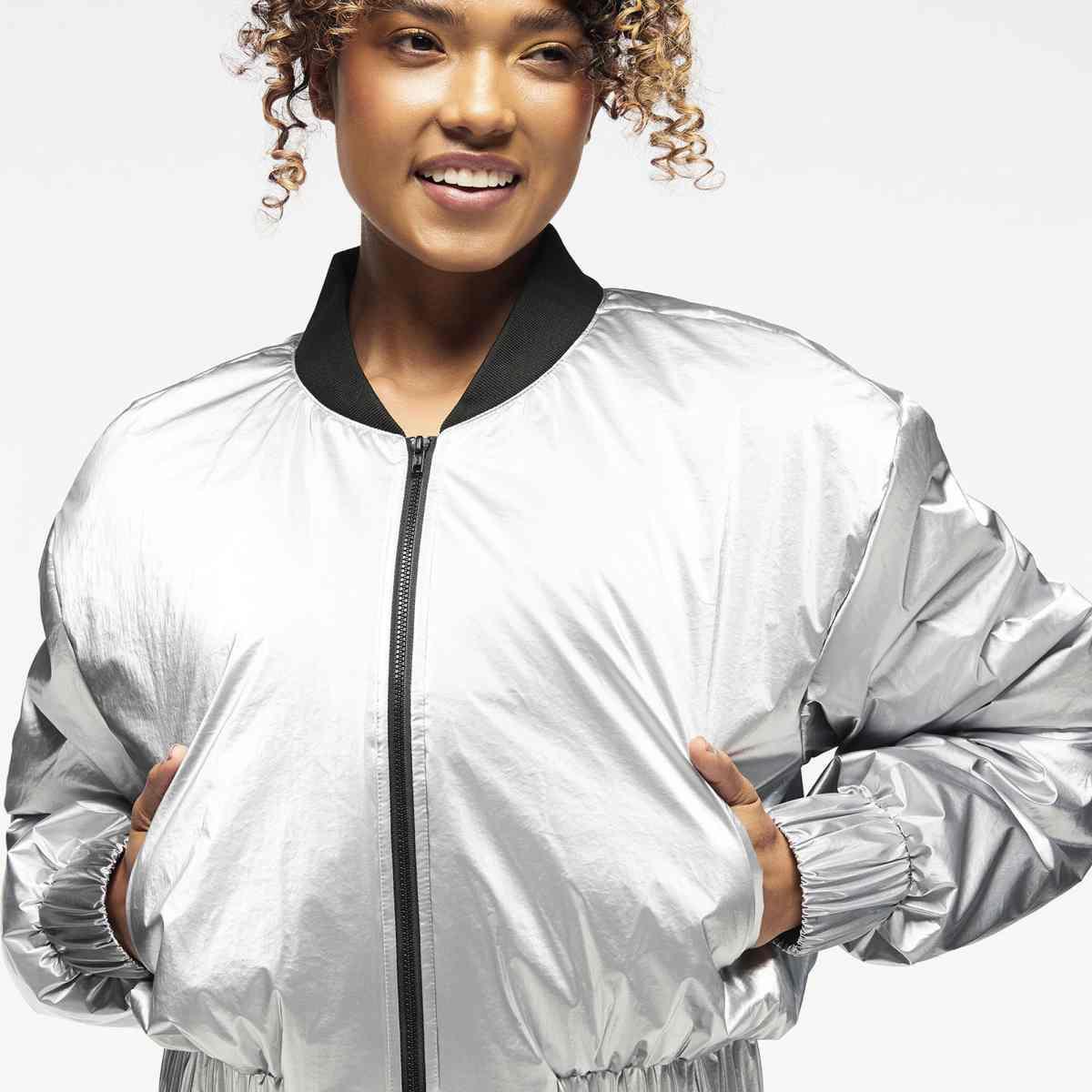 Zumba Runway Crop Zip Up Puff Bomber Jacket - Gold